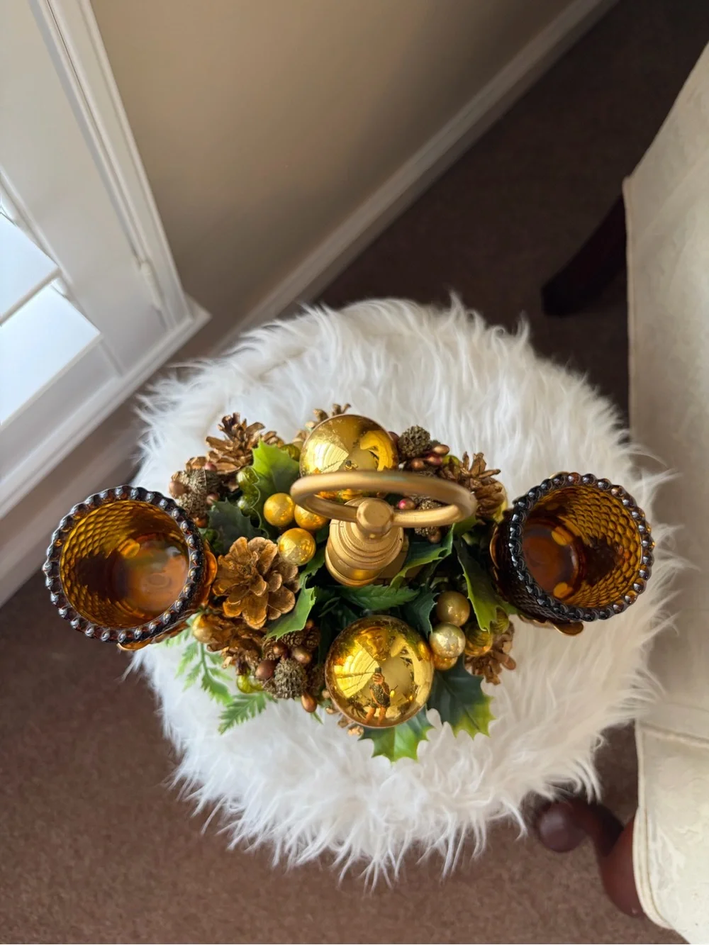 Vintage Gold Holiday Centerpiece with Amber Glass Candleholders